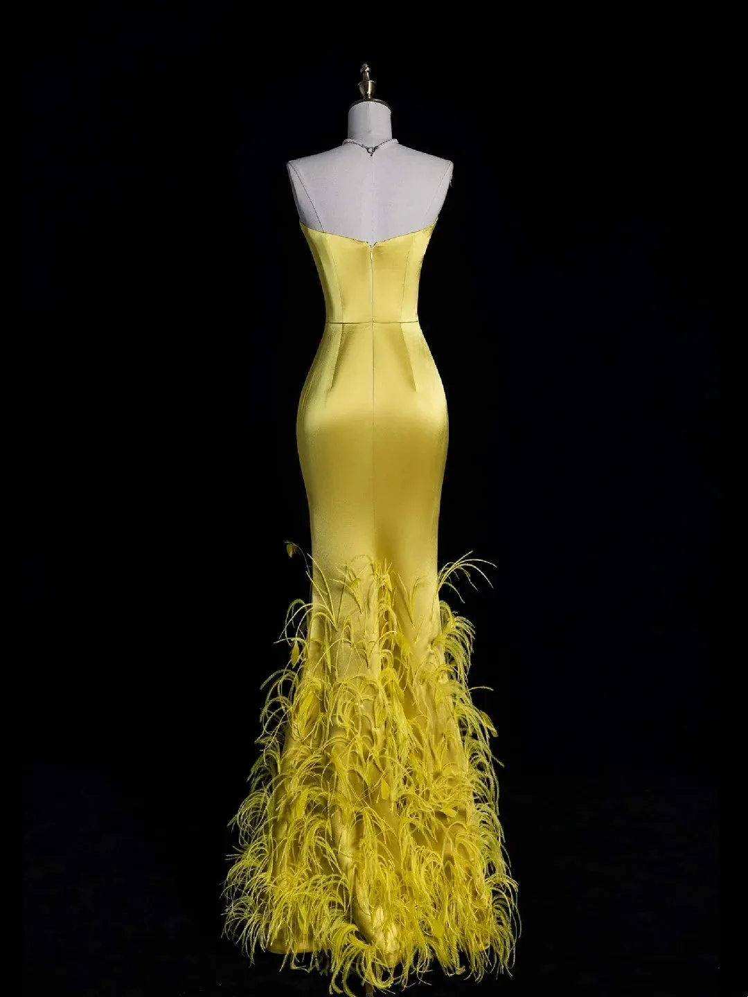 Unique Sweetheart Neck Satin Long Party Dress Yellow Mermaid Long Evening Dress With Feathers D4854