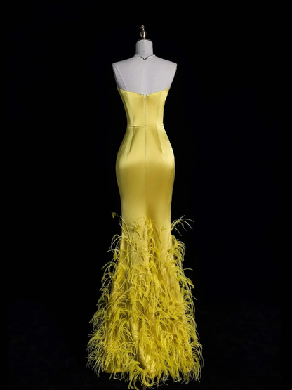 Unique Sweetheart Neck Satin Long Party Dress Yellow Mermaid Long Evening Dress With Feathers D4854