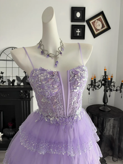 Pretty Lavender Tulle Sequin Layered Short Homecoming Dress Birthday Outfits D4701