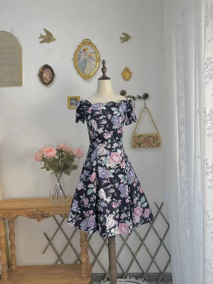 Vintage Satin Print Floral A Line Off The Shoulder Homecoming Dress Short Prom Dress D528