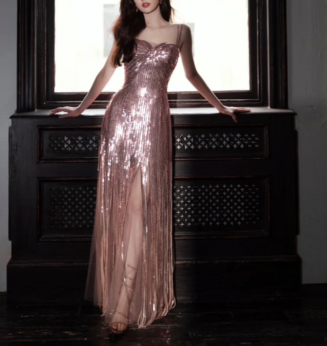 Sparkly Spaghetti Straps Pink Sequin Long Birthday Party Dress Evening Gown D2145