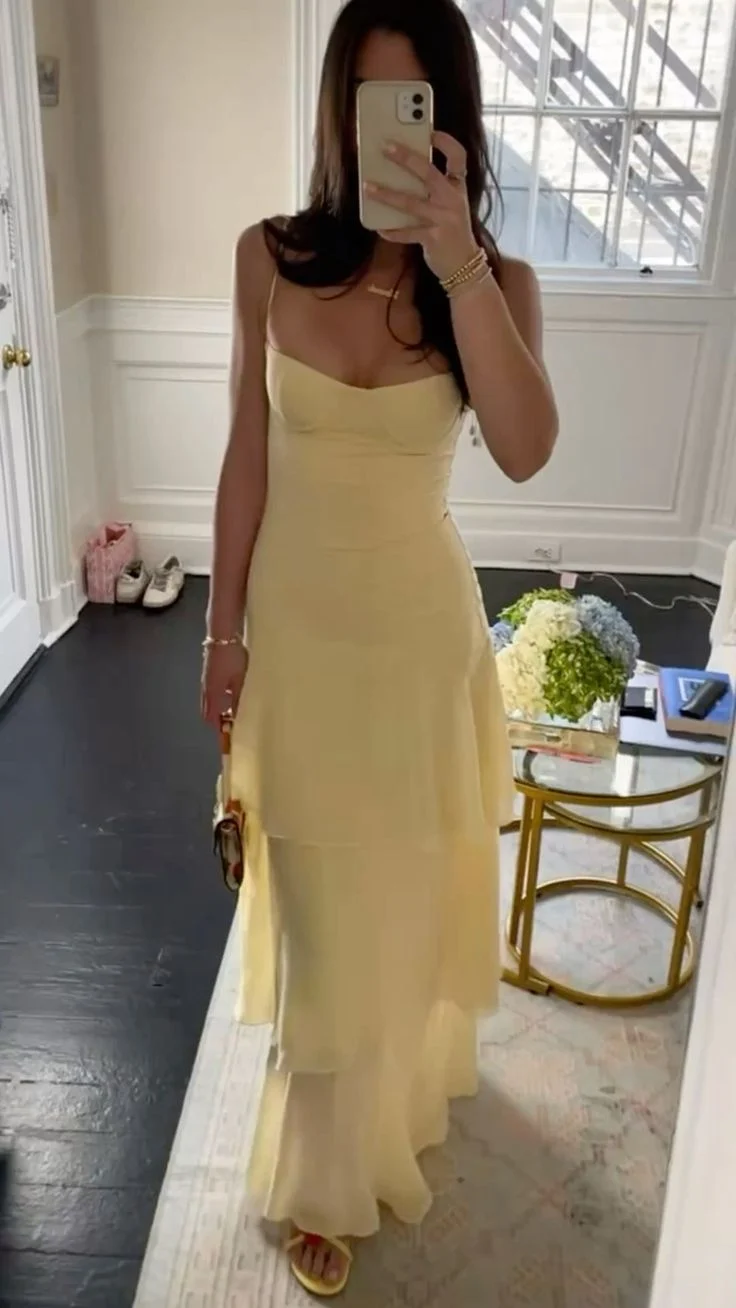 Charming Spaghetti Straps Yellow Chiffon Layered Long Prom Dress Evening Dresses D4860