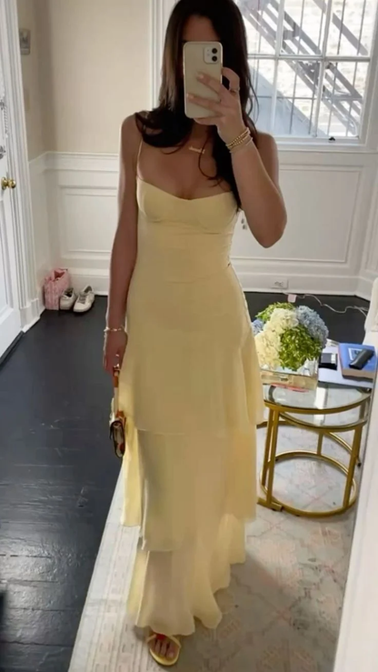Charming Spaghetti Straps Yellow Chiffon Layered Long Prom Dress Evening Dresses D4860