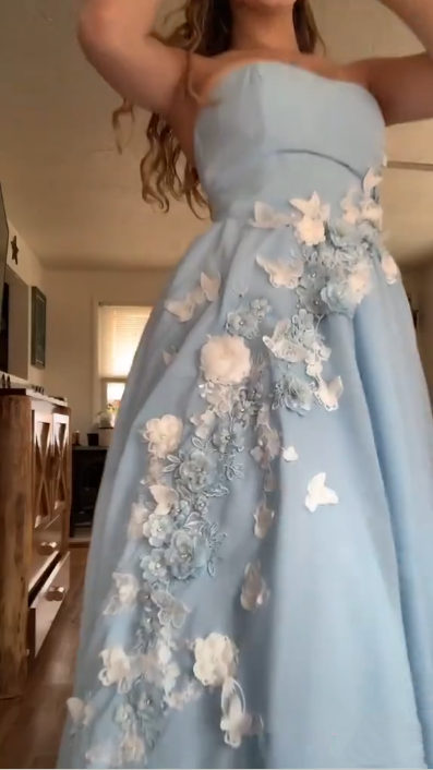Pretty Strapless Blue Satin Appliques A Line Long Party Dress Birthday Prom Dress D4981