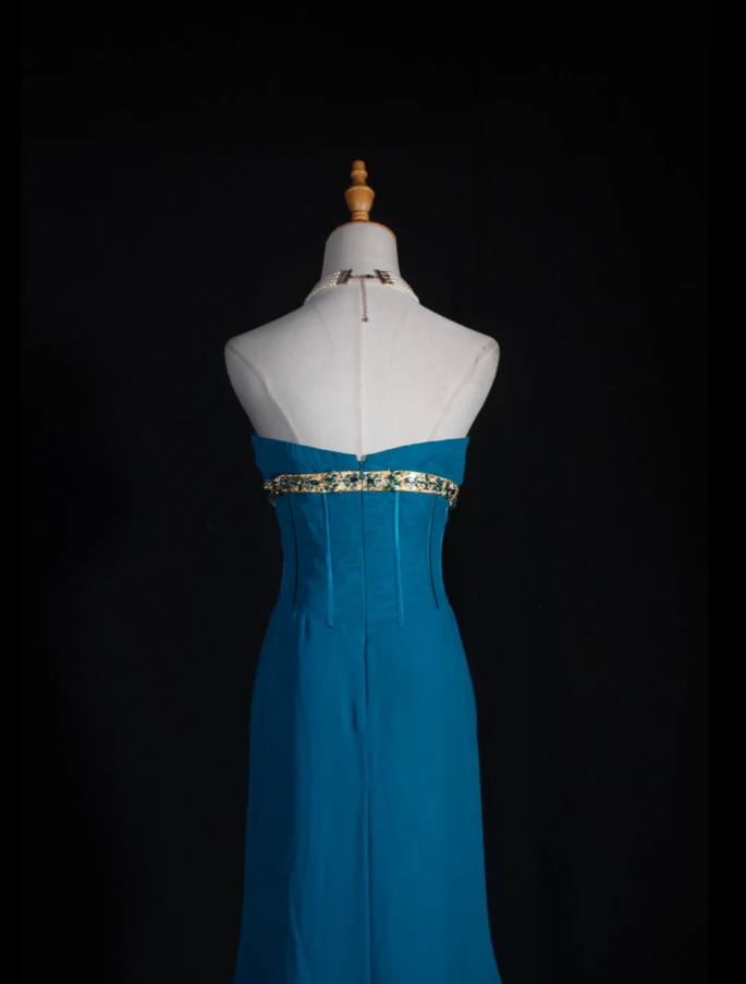 Elegant Blue-green Strapless Chiffon Layered Mermaid Long Evening Dress Formal Wedding Guest Dress With Beads D2258