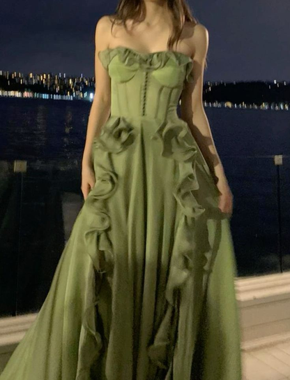 Elegant Sweetheart Neck Green Chiffon Ruffle Slit A Line Long Party Dress Evening Dress D2868
