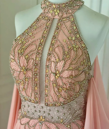 Glamorous Pink Halter Chiffon Beaded Mermaid Long Evening Dress Party Gown D3097