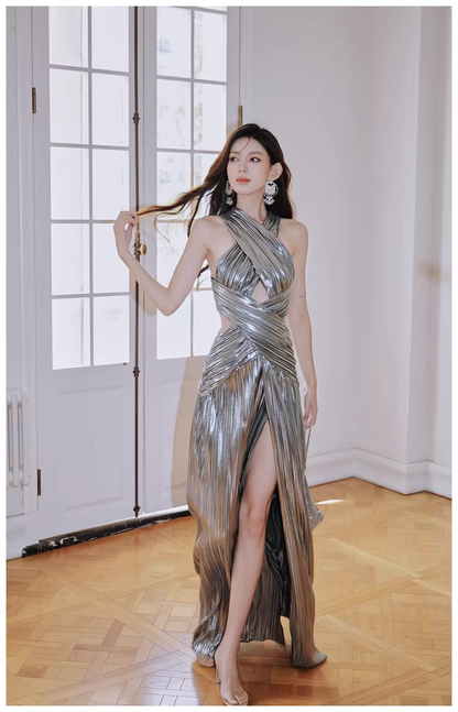 Fashion Silver Gray Satin Pleated High Slit Long Evening Dress Sexy Prom Dress D2429