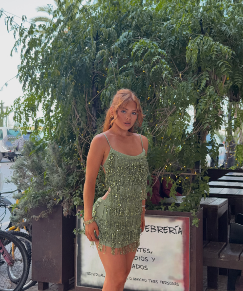 Chic Green Satin Beaded Tassel Short Homecoming Dress,Spaghetti Straps Backless Mini Birthday Outfits D3881