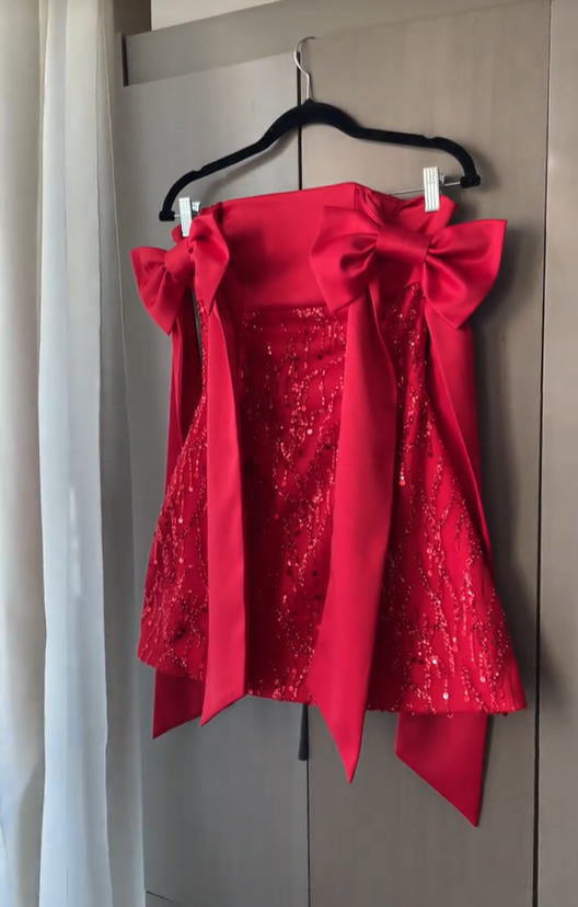 Pretty Red Bow Straps Satin Sequin Short Homecoming Dress Cocktail Dress D3948