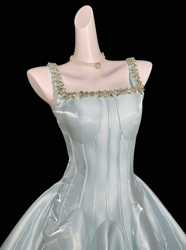 Classy Spaghetti Straps Satin Tulle Beaded Short Birthday Party Dress,Light Mint Green A Line Short Homecoming Dress D4157