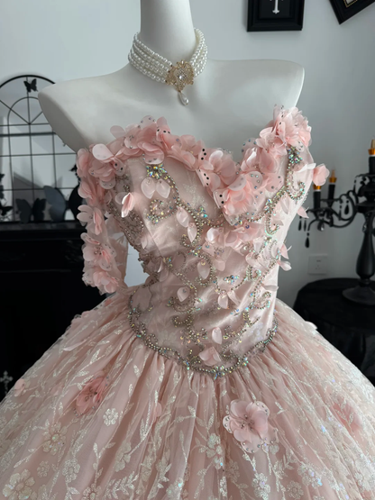 Cute Pink Off The Shoulder Tulle Sequin Floral Beaded Quinceanera Dress Sweet 15 16 Dress With Appliques D4718