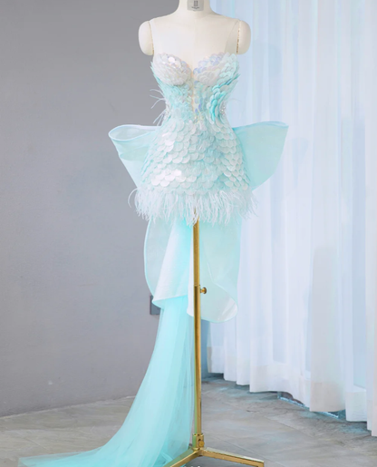 Charming Baby Blue Sequin Short Party Dress Birthday Dress With Bow S309