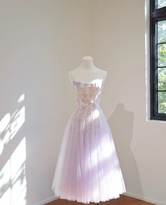 Sweet Strapless Lilac Tulle Appliques A Line Short Homecoming Dress Birthday Outfits D2153
