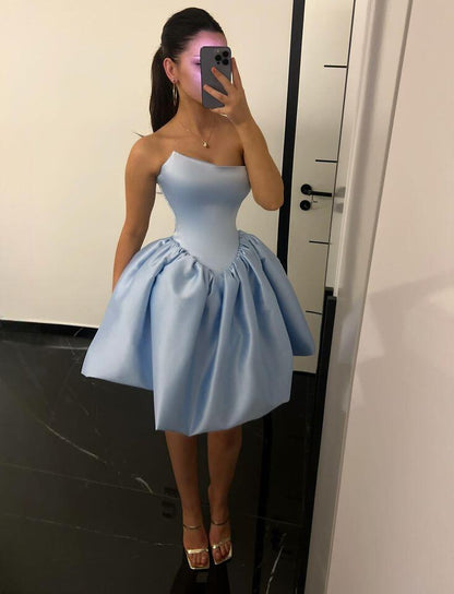 Elegant Blue Strapless Satin A Line Short Homecoming Dress Cocktail Dress D3678