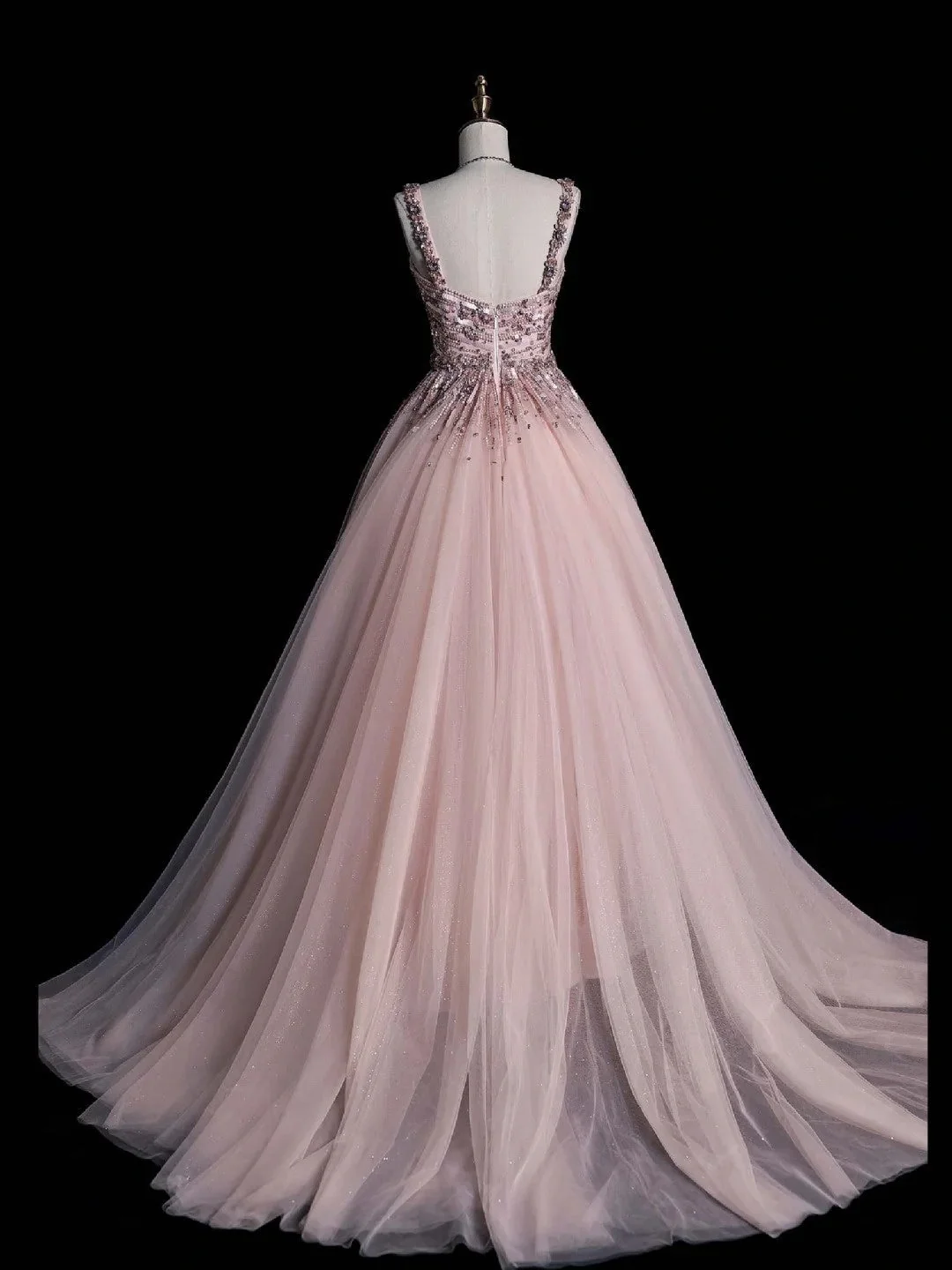 Pretty Square Neck Pink Tulle Sequin Beaded Long Party Dresses For Teens Evening Dress D4842