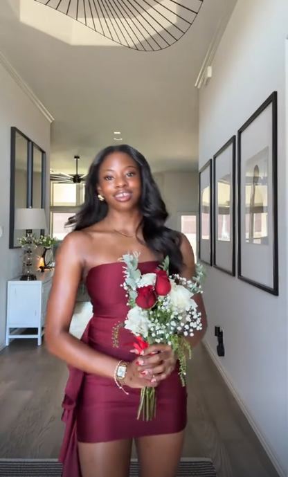 Vintage Burgundy Satin Sheath Short Graduation Homecoming Dress,Strapless Mini Cocktail Dress D4013