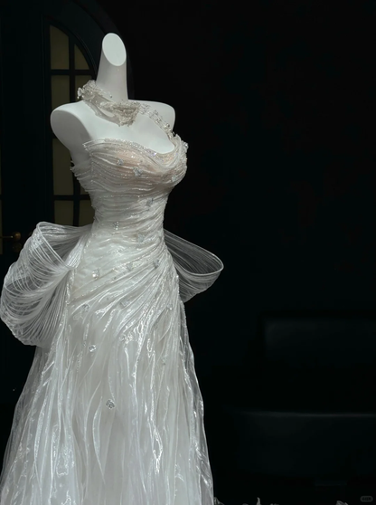 Classy White Tulle Pleated Beaded Mermaid Long Wedding Dress,Formal Bridal Dress With Bow D3084