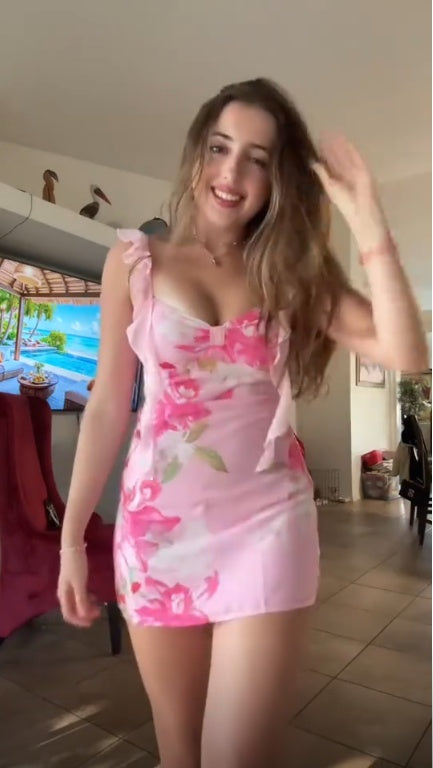 Pretty Pink Chiffon Printed Floral Short Graduation Homecoming Dress ,Spaghetti Straps Short Party Dress D4011