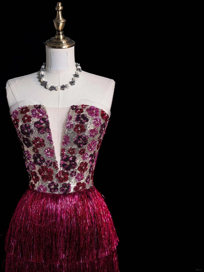 Sparkly Strapless Dark Fuchsia Sequin Tassel Layered Sheath Long Party Dress Evening Gown D4846