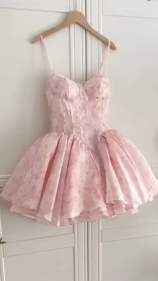 Pretty Spaghetti Straps Pink Floral A Line Formal Homecoming Dress Formal 19th Birthday Outfits D543