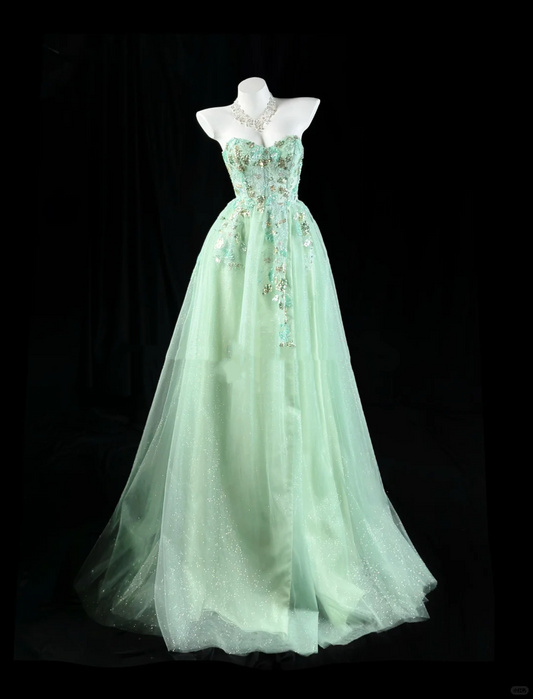 Charming Strapless Mint Green Tulle Sequin A Line Long Evening Dress Party Gown D2514