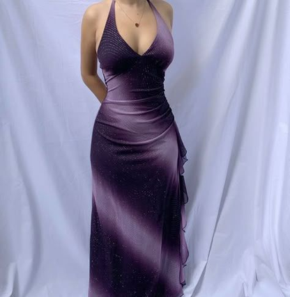 Retro Halter V Neck Purple Ombre Chiffon Sequin Ruffles Long Prom Dress Party Dress D1148
