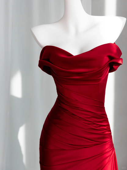 Classy Red Satin Pleated Mermaid Long Evening Dress Off The Shoulder Wedding Guest Dress D2468