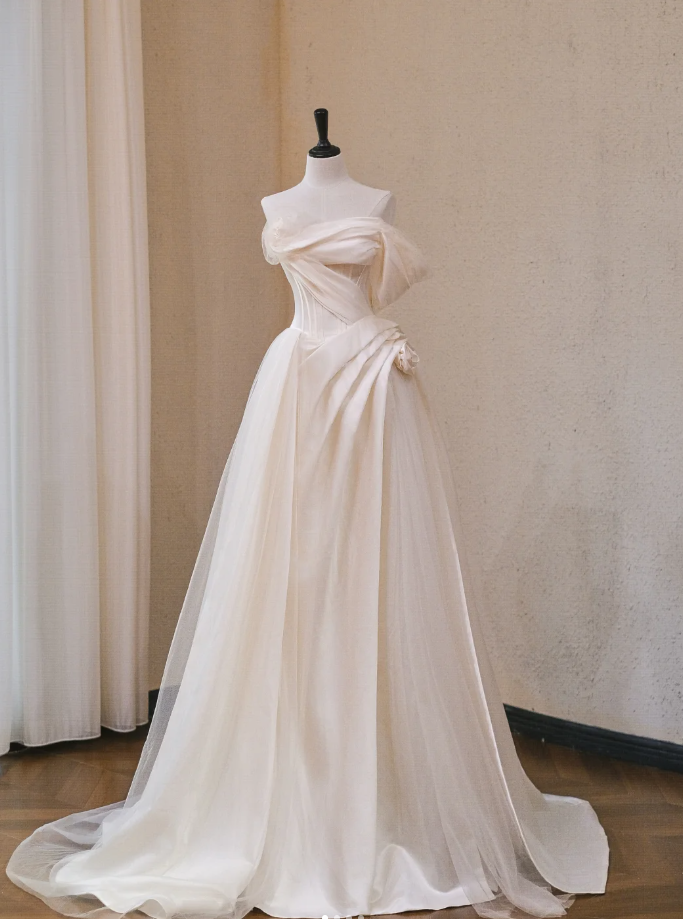 Elegant Off The Shoulder Satin Tulle Pleated White Long Wedding Dress S906