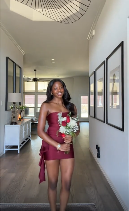 Vintage Burgundy Satin Sheath Short Graduation Homecoming Dress,Strapless Mini Cocktail Dress D4013