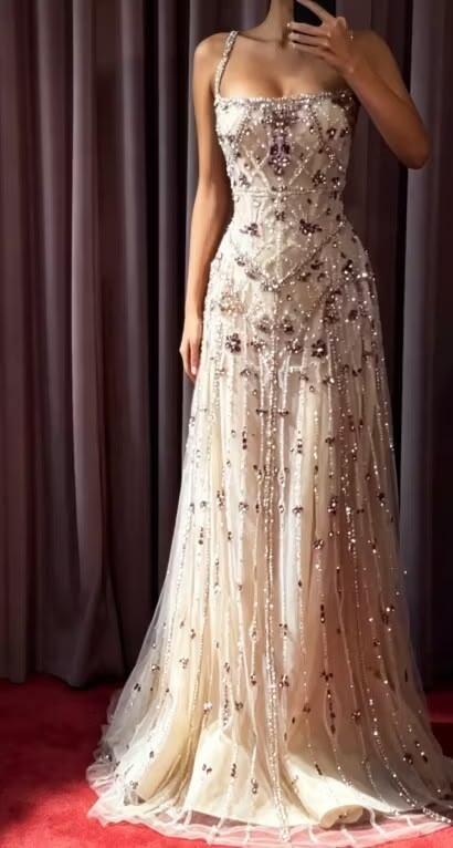 Gorgeous Spaghetti Straps Tulle Beaded Long Evening Dress Birthday Party Dress D4634