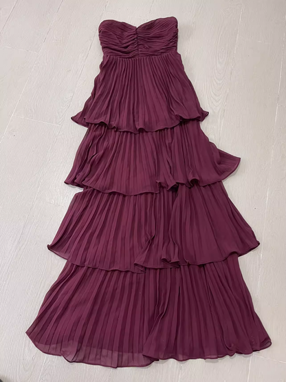 Vintage A line Sweetheart Burgundy Chiffon Vacation Dress Long Birthday Dresses SD0010