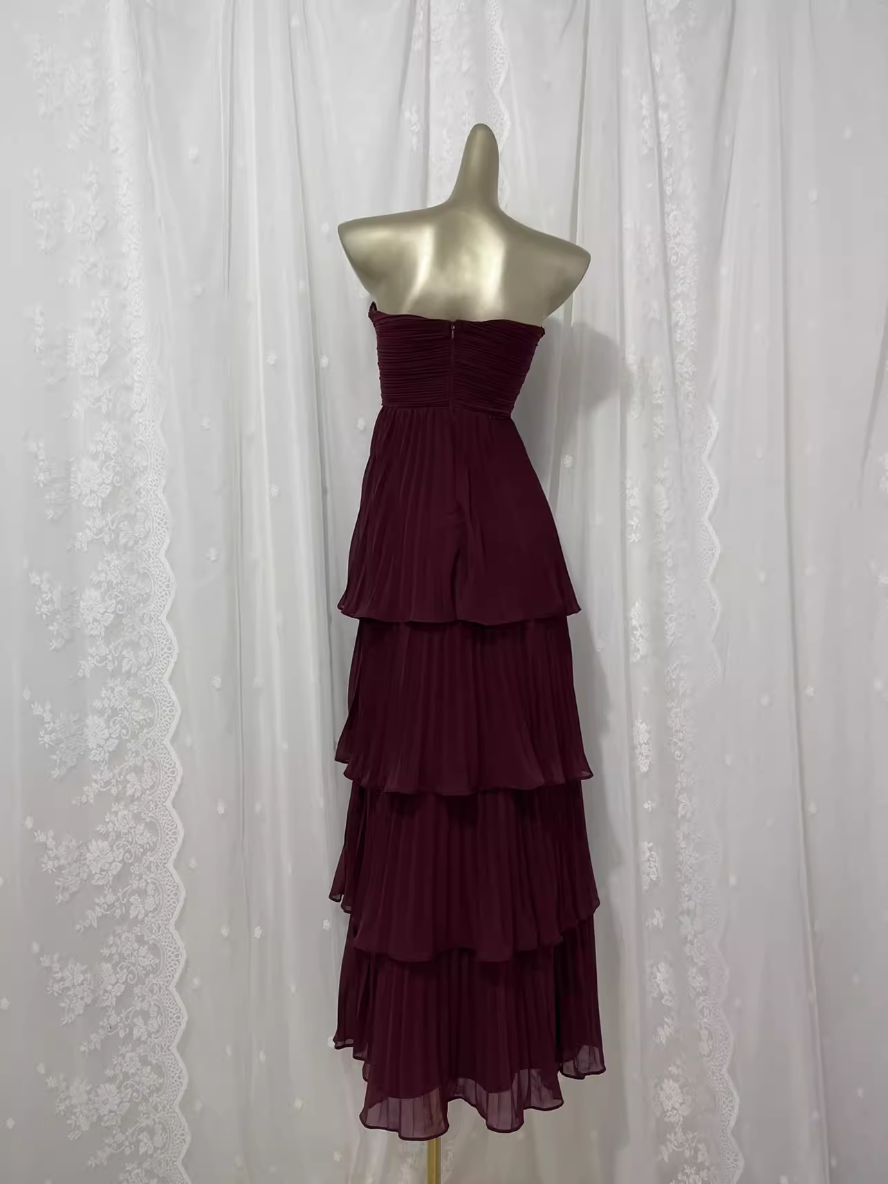 Vintage A line Sweetheart Burgundy Chiffon Vacation Dress Long Birthday Dresses SD0010