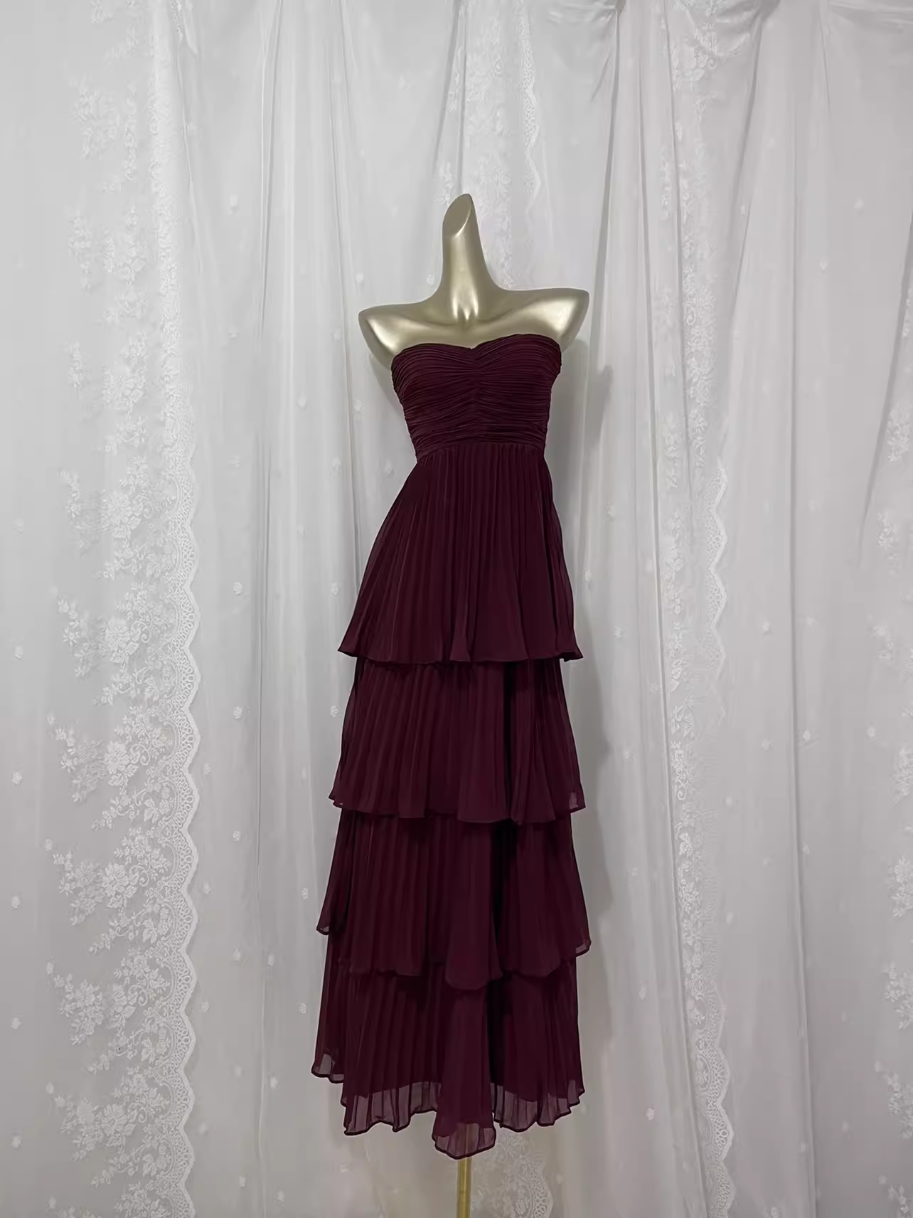 Vintage A line Sweetheart Burgundy Chiffon Vacation Dress Long Birthday Dresses SD0010