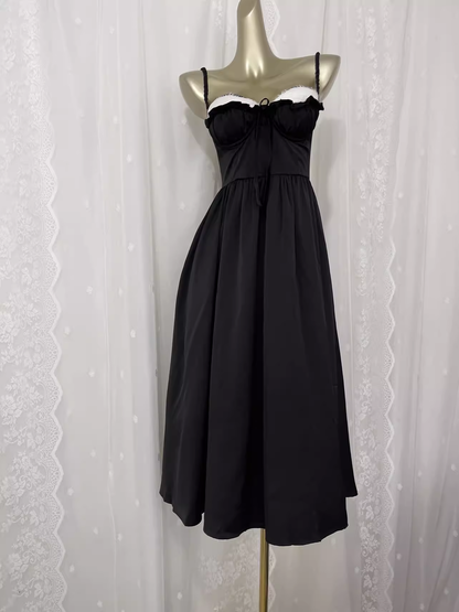 Vintage A line Spaghetti Straps Black Vacation Dress Satin Birthday Dresses SD0016