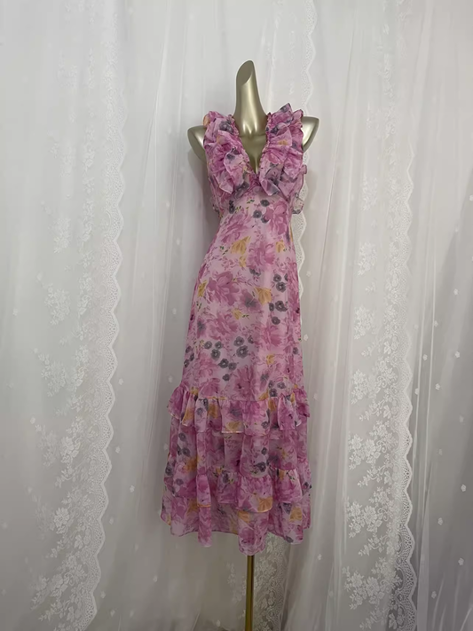 Vintage A line V neckline Pink Rose Travel Vacation Floral Beach Dress Birthday Outfits SD0018