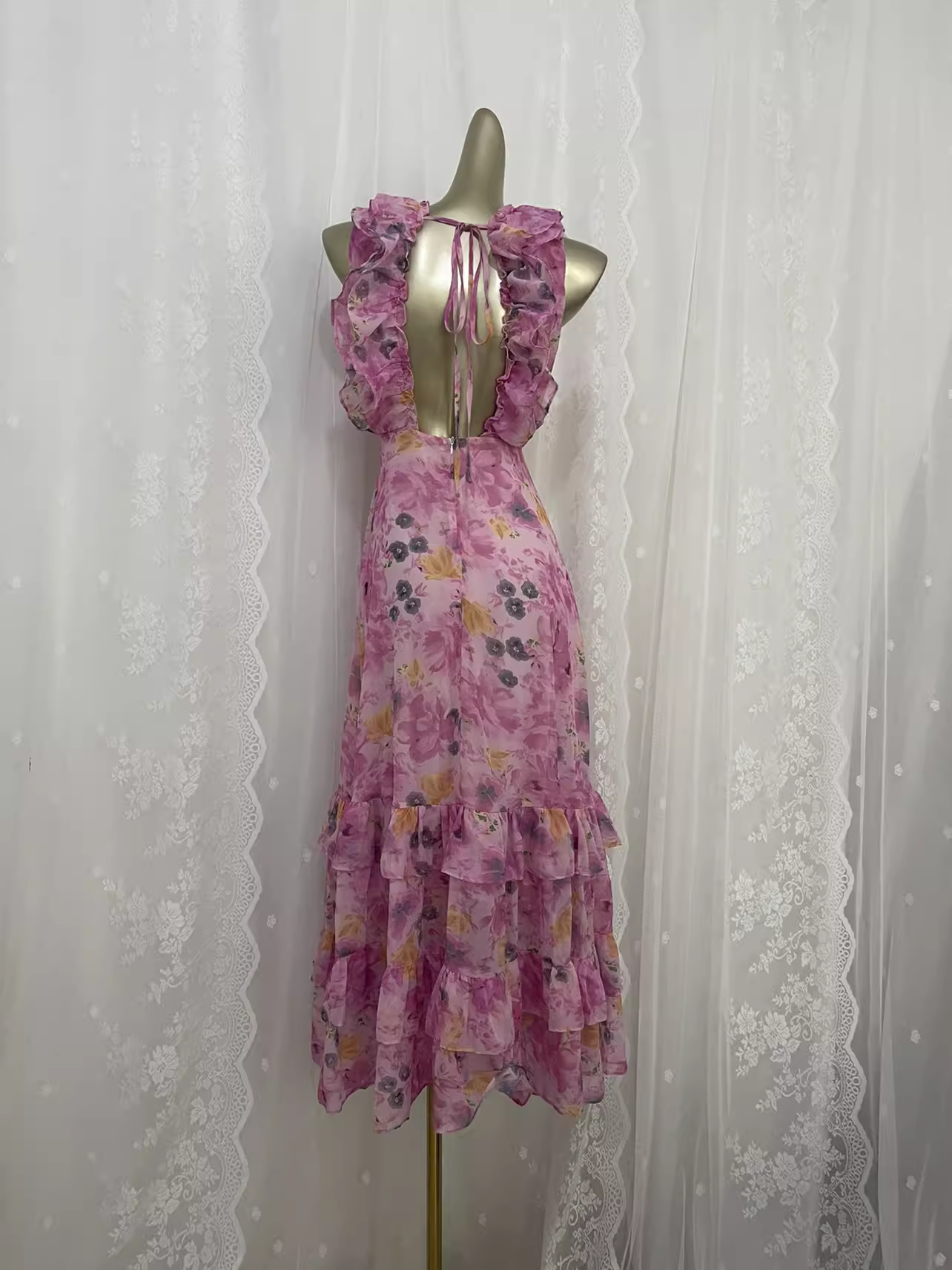 Vintage A line V neckline Pink Rose Travel Vacation Floral Beach Dress Birthday Outfits SD0018