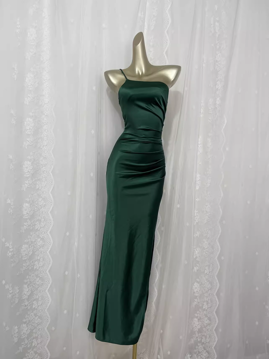 Vintage Sheath One Shoulder Green Vacation Dress Satin Birthday Dresses SD0019