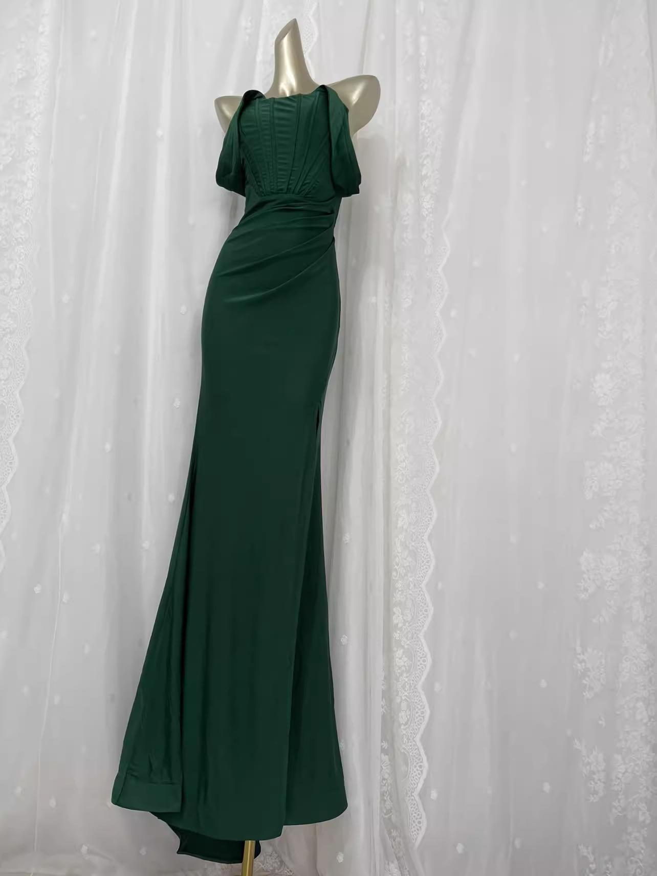 Vintage Mermaid Off The Shoulder Green Vacation Dress Satin Birthday Dresses SD0021