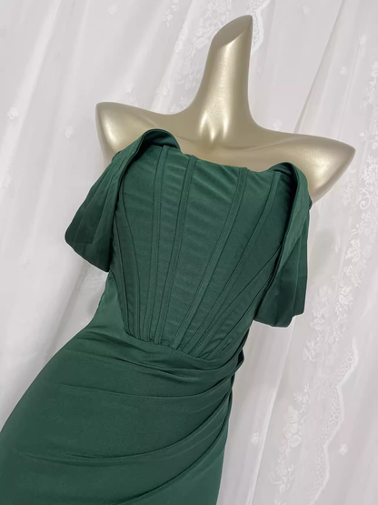 Vintage Mermaid Off The Shoulder Green Vacation Dress Satin Birthday Dresses SD0021