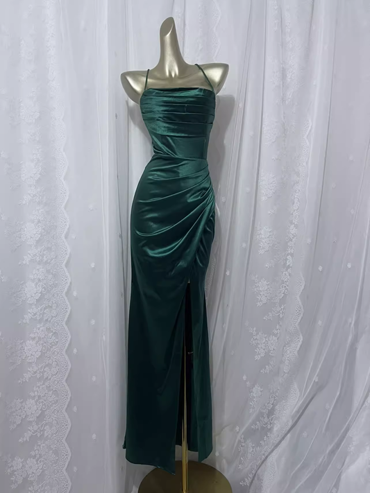 Vintage Sheath Spaghetti Straps Dark Green Vacation Dress Satin Birthday Dresses SD0023