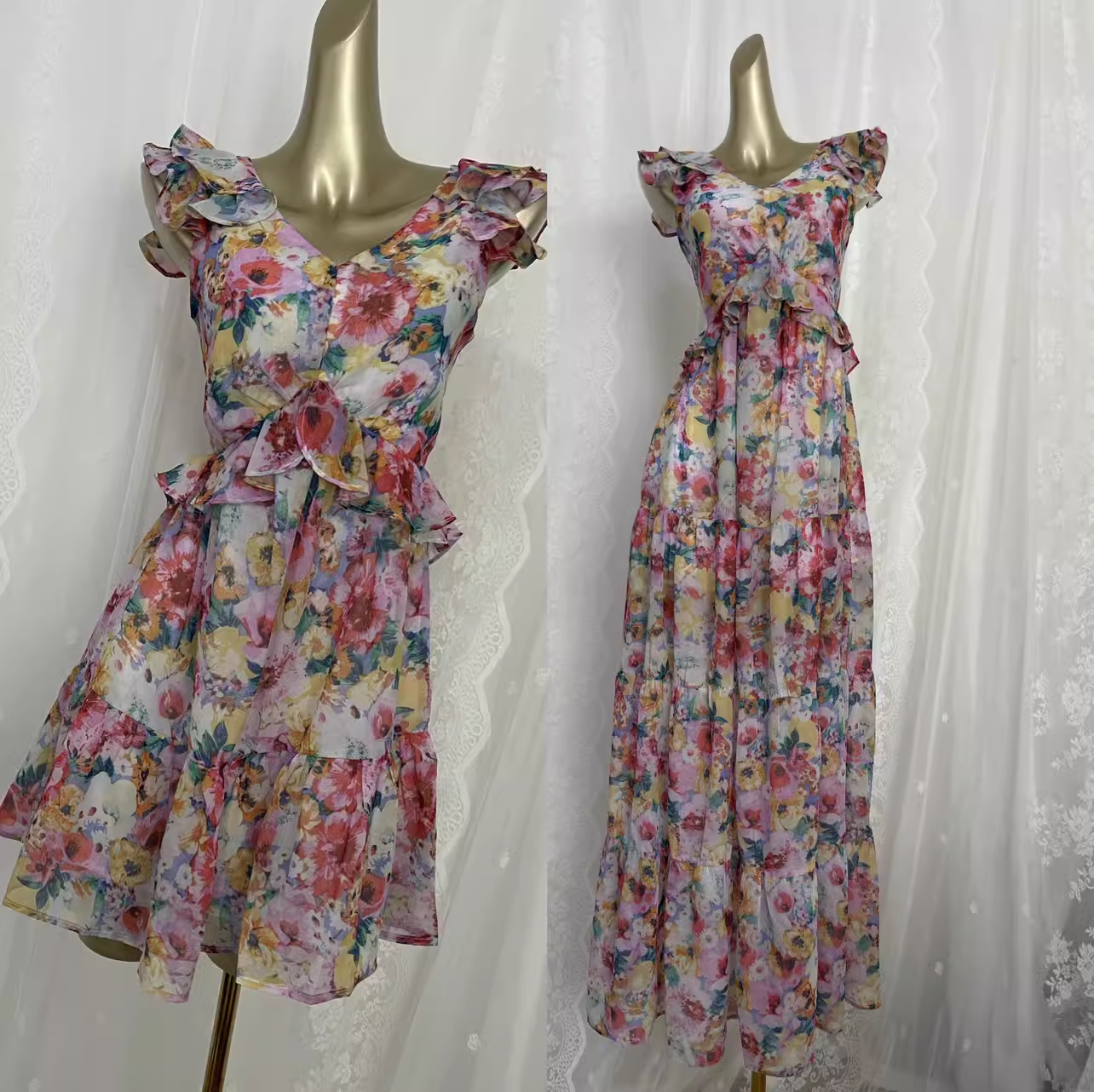 Vintage A line V Neckline Floral Chiffon Travel Vacation Beach Dress Short Dress SD0024