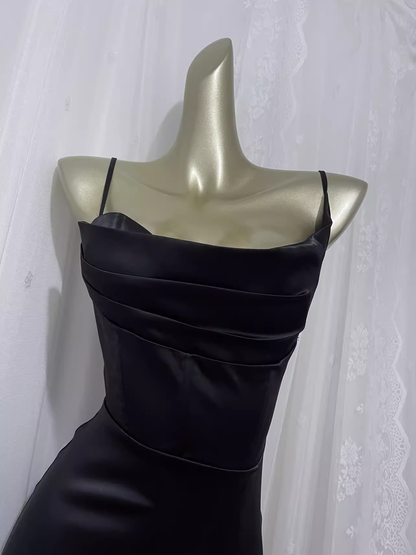 Vintage Sheath Spaghetti Straps Black Vacation Dress Satin Birthday Dresses SD0025