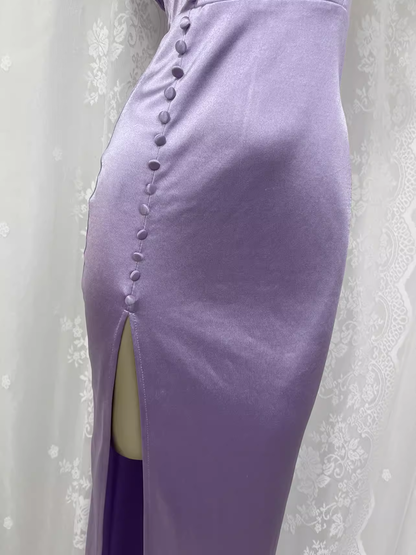 Vintage Sheath Off The Shoulder Lilac Vacation Dress Slit Birthday Dresses SD0030