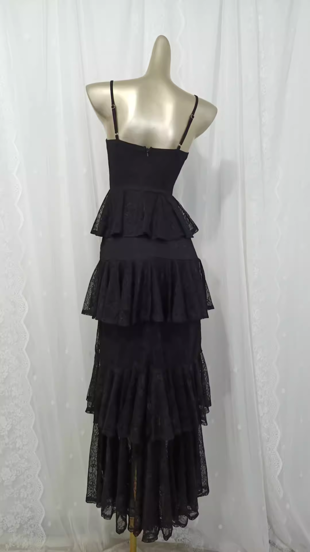 Vintage A line Spaghetti Straps Lace Vacation Black Beach Dress Long Dress SD004