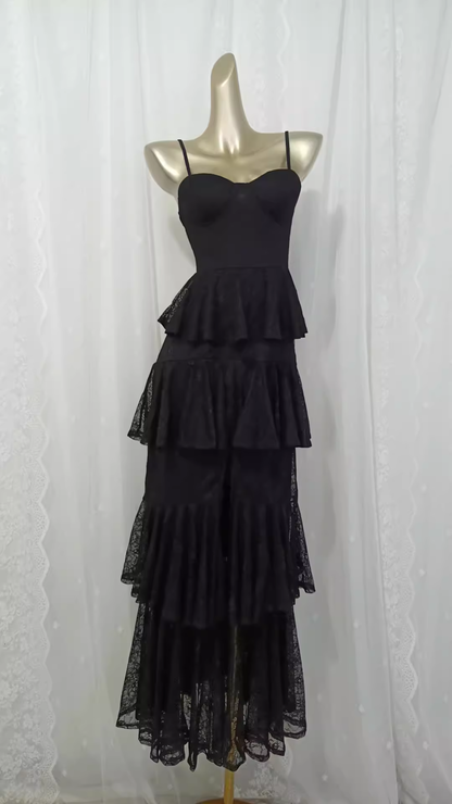 Vintage A line Spaghetti Straps Lace Vacation Black Beach Dress Long Dress SD004