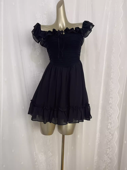 Simple A line Black Chiffon Travel Vacation Dress Short Birthday Dress SD0062