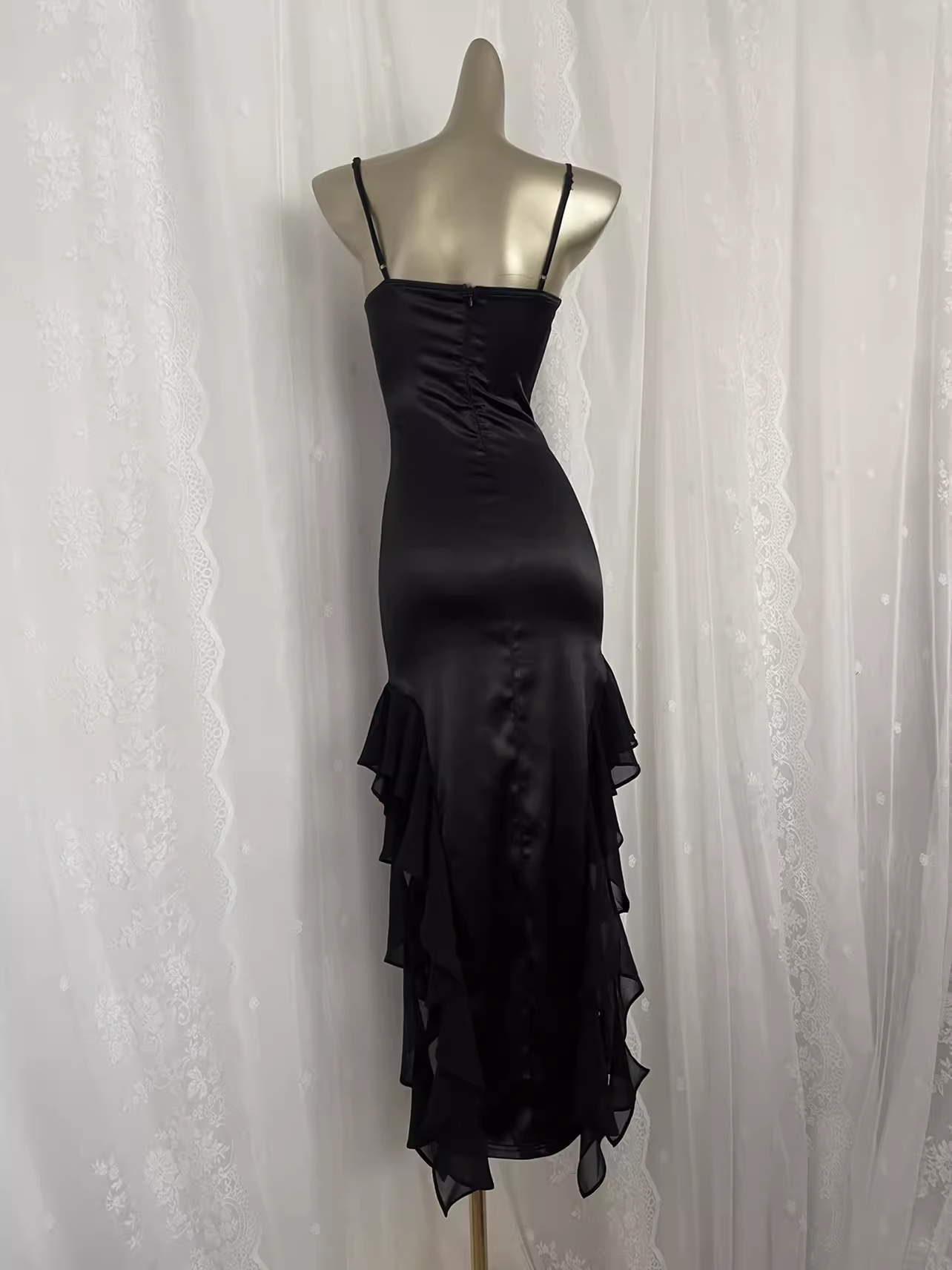 Simple Sheath Spaghetti Straps Black Satin Vacation Beach Dress Long Birthday Dresses SD006