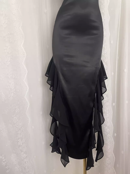 Simple Sheath Spaghetti Straps Black Satin Vacation Beach Dress Long Birthday Dresses SD006