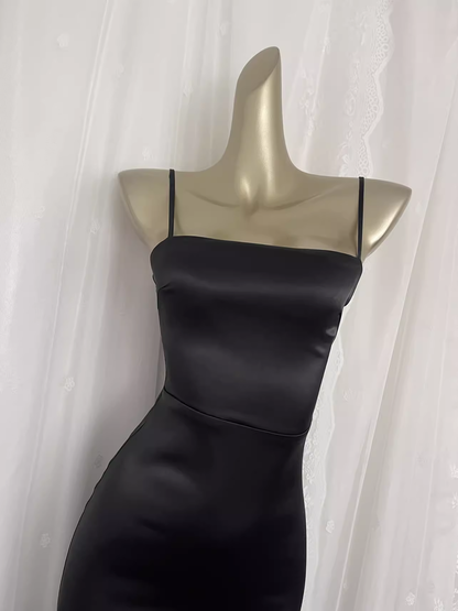 Simple Sheath Spaghetti Straps Black Satin Vacation Beach Dress Long Birthday Dresses SD006